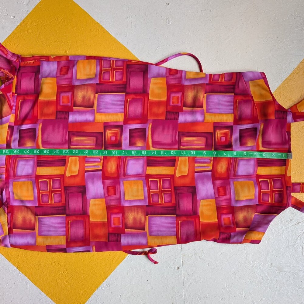 90s Vintage Tickets Mini Dress Windowpane Pink Orange Red Squares Tie Back - Picture 8 of 10